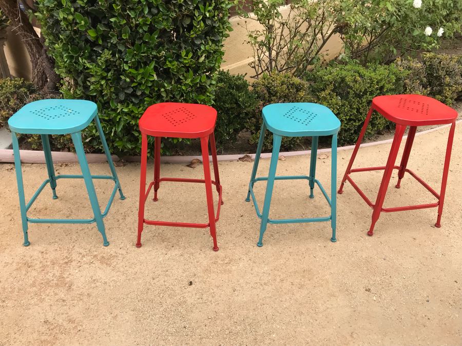 JUST ADDED - Set Of (4) Colored Metal Stackable Barstools [Photo 1]