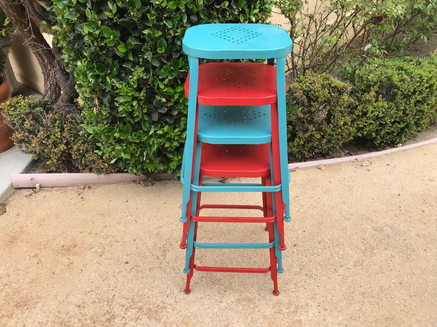 JUST ADDED - Set Of (4) Colored Metal Stackable Barstools [Photo 2]