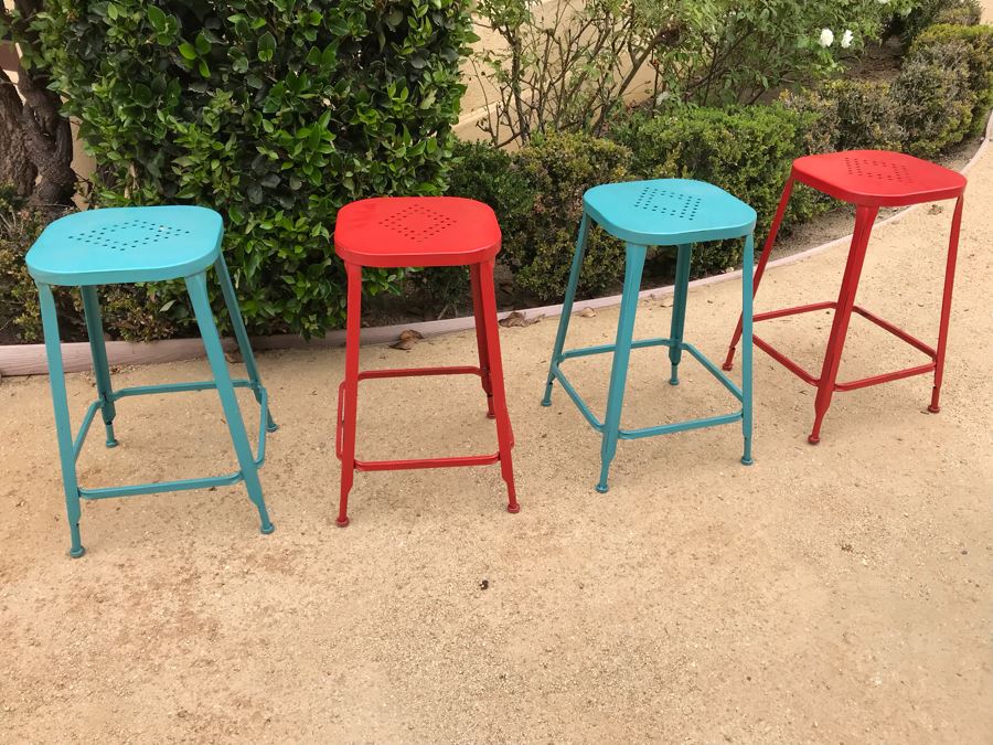 JUST ADDED - Set Of (4) Colored Metal Stackable Barstools [Photo 3]