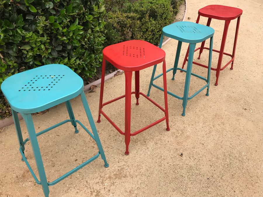 JUST ADDED - Set Of (4) Colored Metal Stackable Barstools [Photo 4]