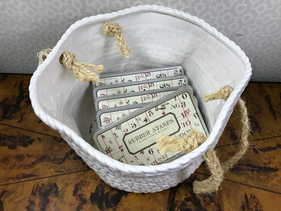 JUST ADDED - White Ceramic Basket With Rope Handles (Retails $160) And (5) New Rubber Stamps Kits