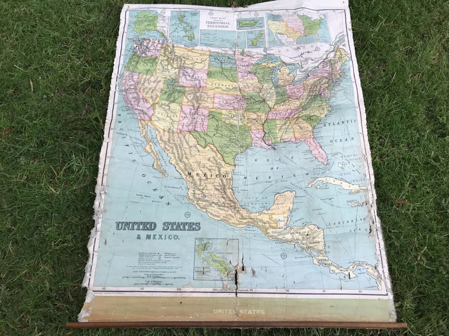 JUST ADDED - Antique 1914 W. & A. K. Johnston, Ltd School Pull Down Map Of The United States And Mexico 41' X 54' (See Photos For Tearing In Canvas) [Photo 1]