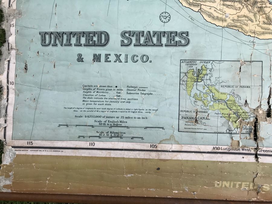 JUST ADDED - Antique 1914 W. & A. K. Johnston, Ltd School Pull Down Map Of The United States And Mexico 41' X 54' (See Photos For Tearing In Canvas) [Photo 6]