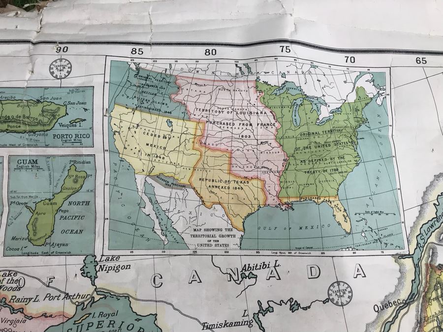 JUST ADDED - Antique 1914 W. & A. K. Johnston, Ltd School Pull Down Map Of The United States And Mexico 41' X 54' (See Photos For Tearing In Canvas) [Photo 4]