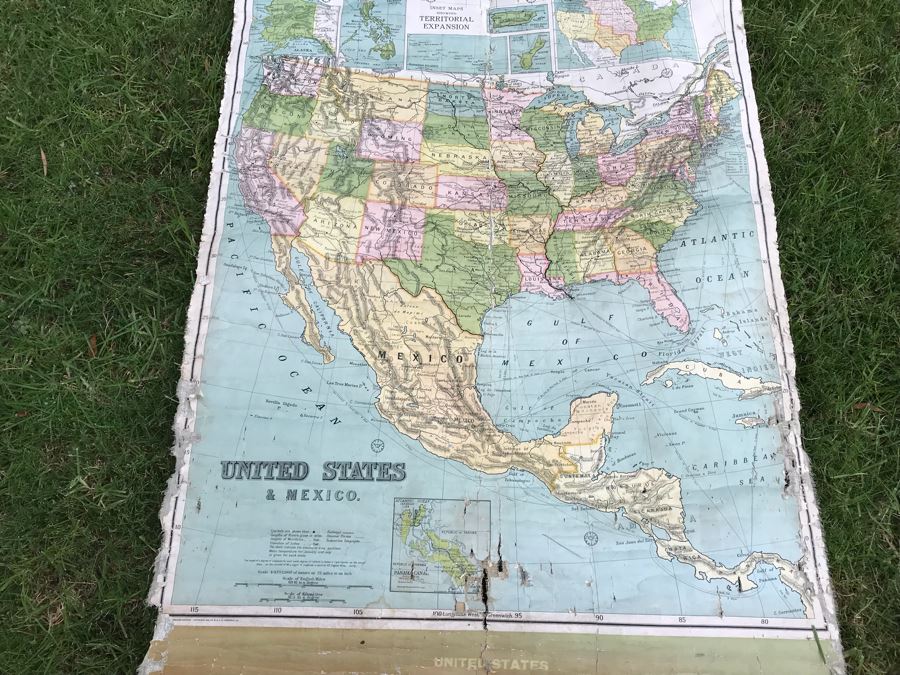 JUST ADDED - Antique 1914 W. & A. K. Johnston, Ltd School Pull Down Map Of The United States And Mexico 41' X 54' (See Photos For Tearing In Canvas) [Photo 5]