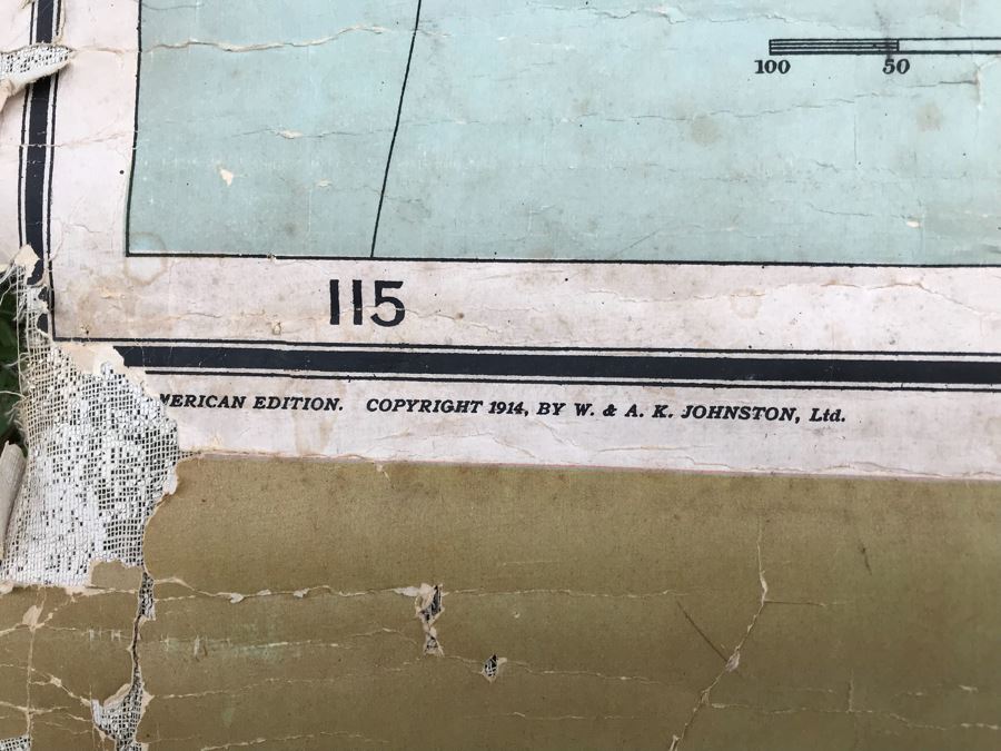 JUST ADDED - Antique 1914 W. & A. K. Johnston, Ltd School Pull Down Map Of The United States And Mexico 41' X 54' (See Photos For Tearing In Canvas) [Photo 7]