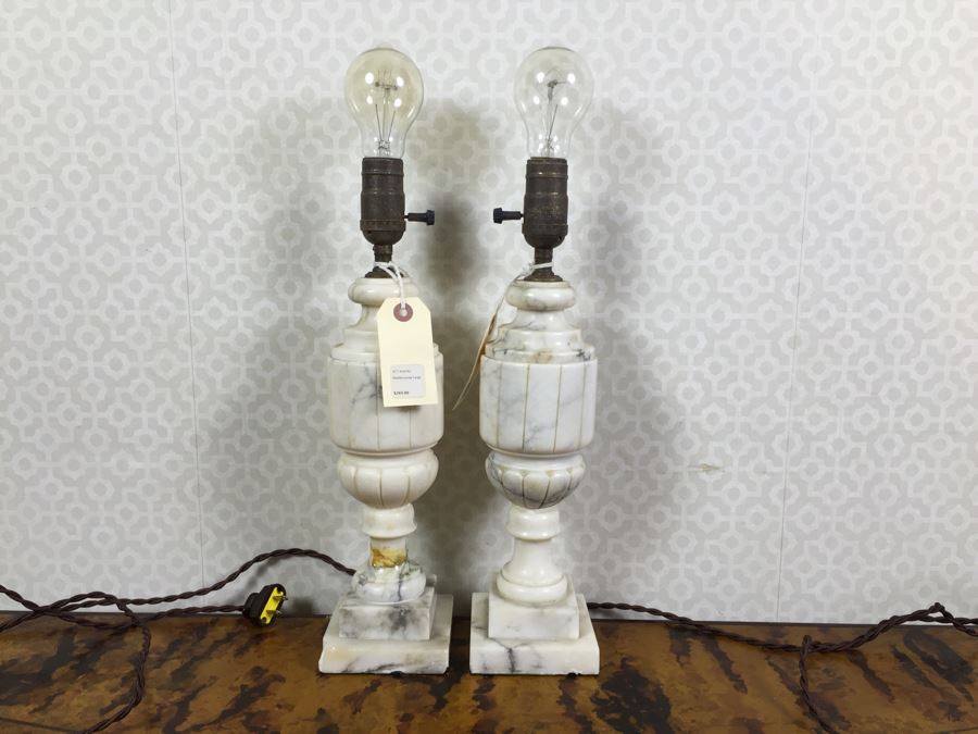 Pair Of Vintage Working Newly Wired Marble Table Lamps (See Photos For Repairs) [Photo 1]