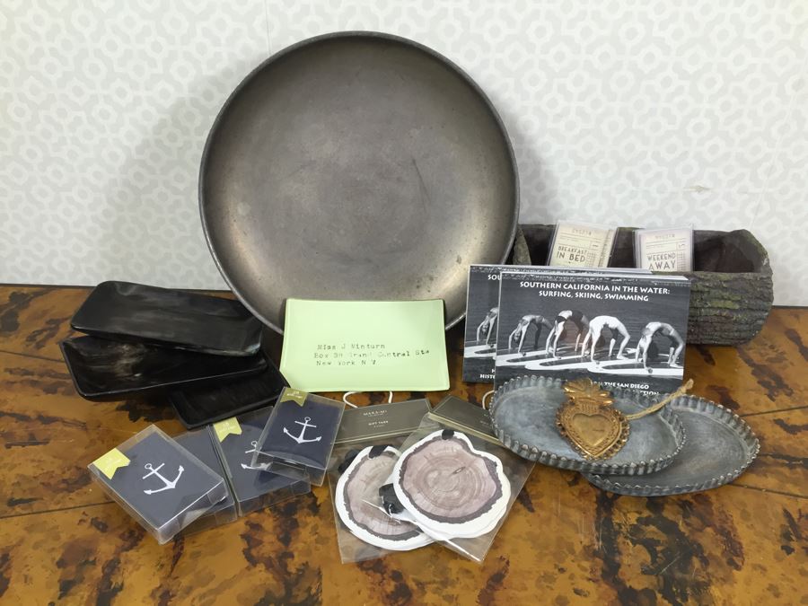 JUST ADDED - Silverplate College Bowl Trophy, NEW Cypress Cement Container, (4) NEW Ticket Sets Weekend Away, Breakfast In Bed, New Southern Cal Historic Postcards, (6) NEW Sets Of Gift Tags, Brass Heart And Various Trays [Photo 1]