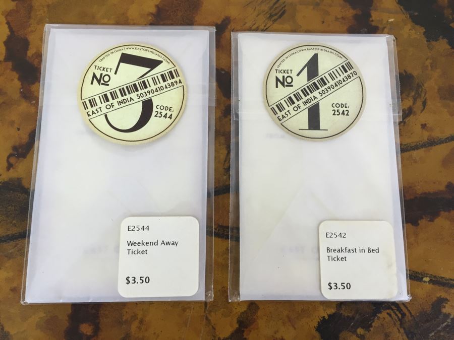 JUST ADDED - Silverplate College Bowl Trophy, NEW Cypress Cement Container, (4) NEW Ticket Sets Weekend Away, Breakfast In Bed, New Southern Cal Historic Postcards, (6) NEW Sets Of Gift Tags, Brass Heart And Various Trays [Photo 9]