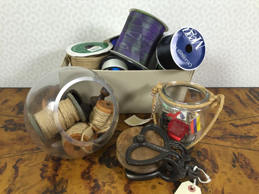 JUST ADDED - Pulley, (2) Glass Bowls, Collection Of Vintage Keychains, Rope On Spools And Collection Of Various Ribbons [Photo 1]