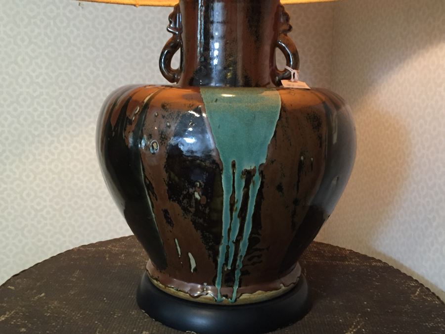 JUST ADDED - Large Mid-Century Drip Pottery Lamp With Shade Retails $400 [Photo 3]