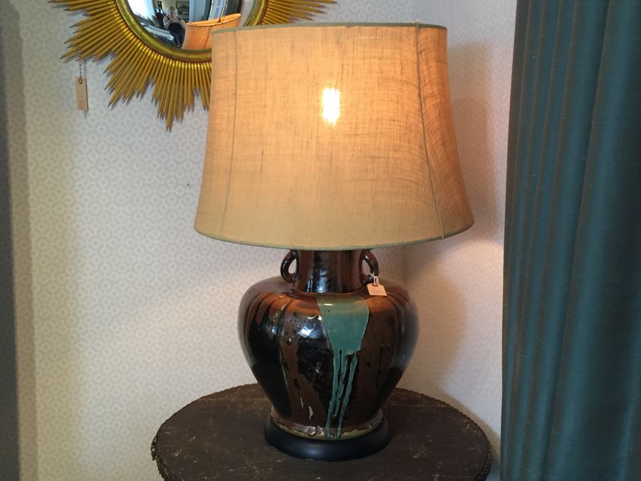 JUST ADDED - Large Mid-Century Drip Pottery Lamp With Shade Retails $400 [Photo 1]