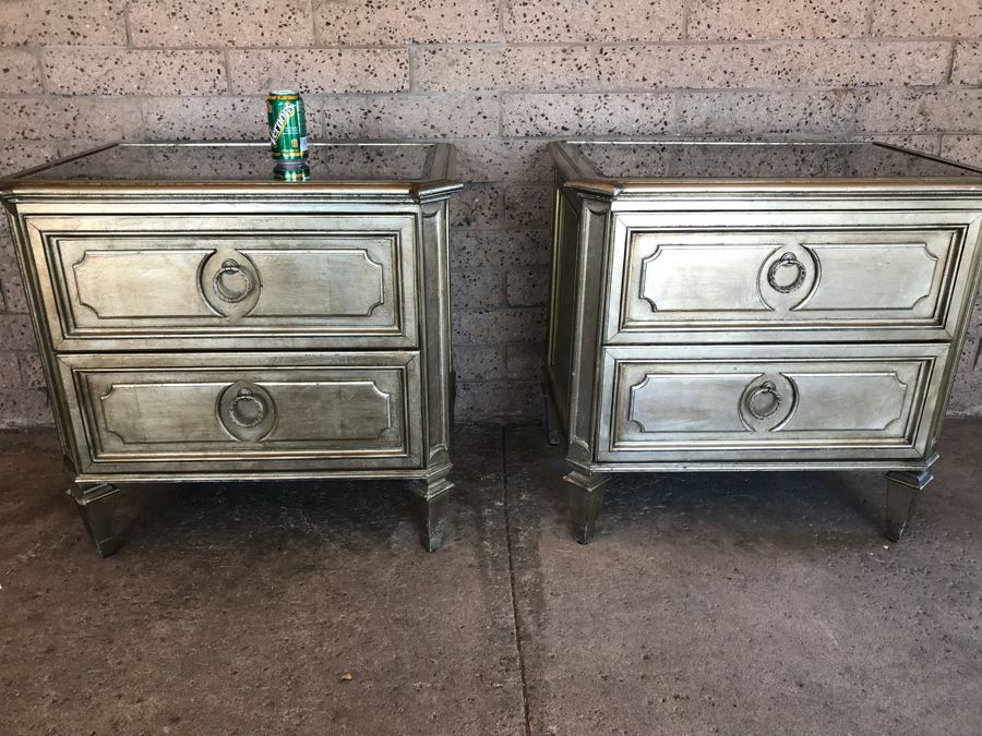 Z Gallerie Pair Of Nightstands With Mirrored Tops (Note That Inside One Drawer Paint Has Peeled) [Photo 1]