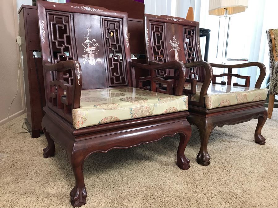 Pair Of Heavy Chinese Rosewood Armchairs With Mother Of Pearl Inlay Throughout [Photo 3]