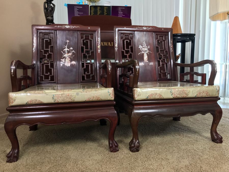 Pair Of Heavy Chinese Rosewood Armchairs With Mother Of Pearl Inlay Throughout [Photo 23]