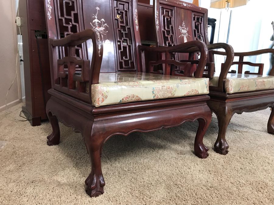 Pair Of Heavy Chinese Rosewood Armchairs With Mother Of Pearl Inlay Throughout [Photo 19]