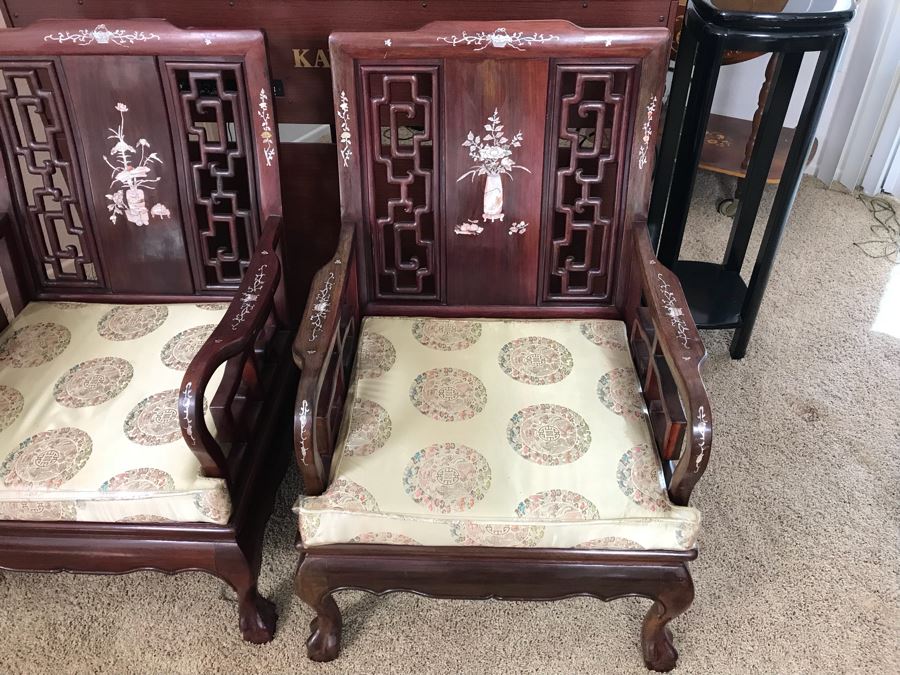 Pair Of Heavy Chinese Rosewood Armchairs With Mother Of Pearl Inlay Throughout [Photo 5]