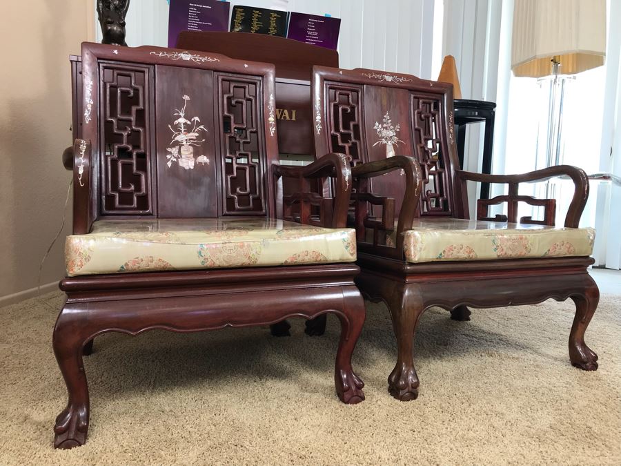 Pair Of Heavy Chinese Rosewood Armchairs With Mother Of Pearl Inlay Throughout [Photo 24]