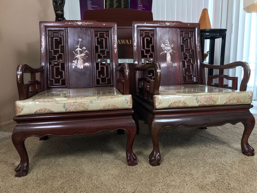 Pair Of Heavy Chinese Rosewood Armchairs With Mother Of Pearl Inlay Throughout