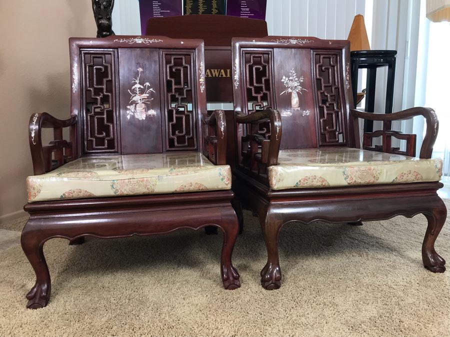Pair Of Heavy Chinese Rosewood Armchairs With Mother Of Pearl Inlay Throughout [Photo 21]