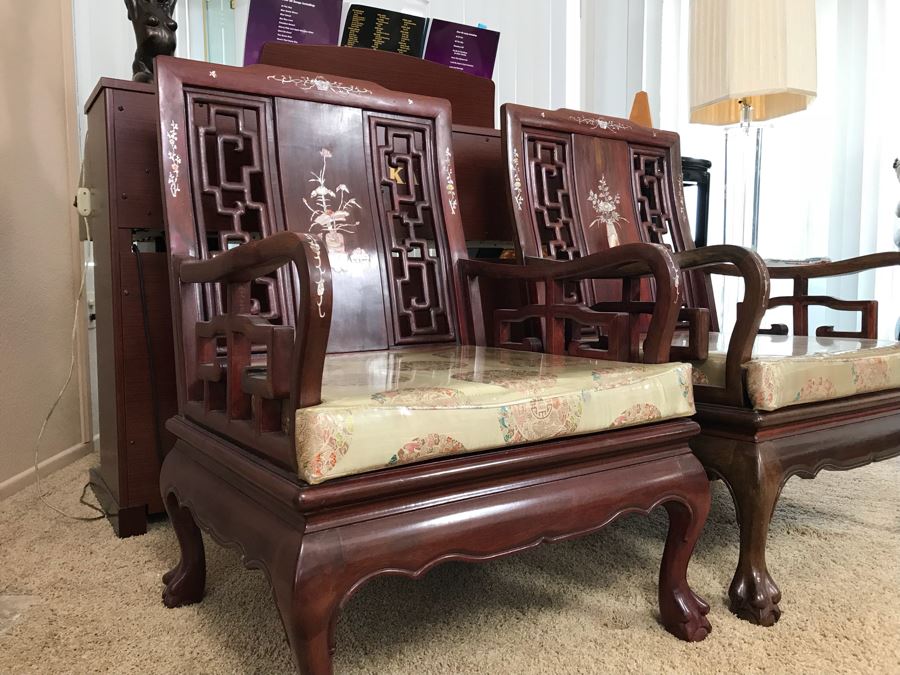Pair Of Heavy Chinese Rosewood Armchairs With Mother Of Pearl Inlay Throughout [Photo 20]