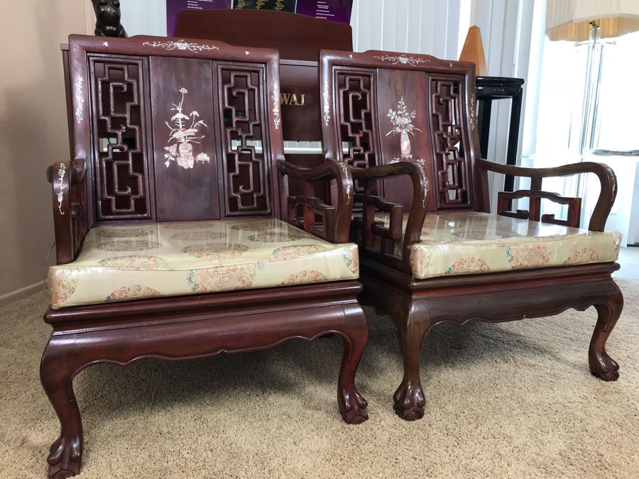 Pair Of Heavy Chinese Rosewood Armchairs With Mother Of Pearl Inlay Throughout [Photo 26]