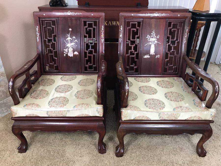 Pair Of Heavy Chinese Rosewood Armchairs With Mother Of Pearl Inlay Throughout [Photo 2]