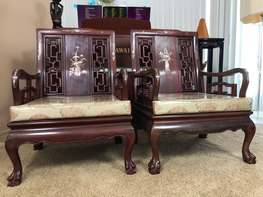 Pair Of Heavy Chinese Rosewood Armchairs With Mother Of Pearl Inlay Throughout [Photo 22]