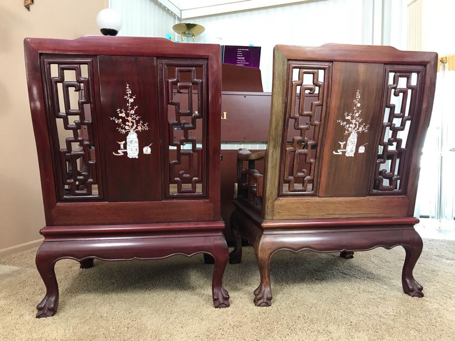 Pair Of Heavy Chinese Rosewood Armchairs With Mother Of Pearl Inlay Throughout [Photo 32]
