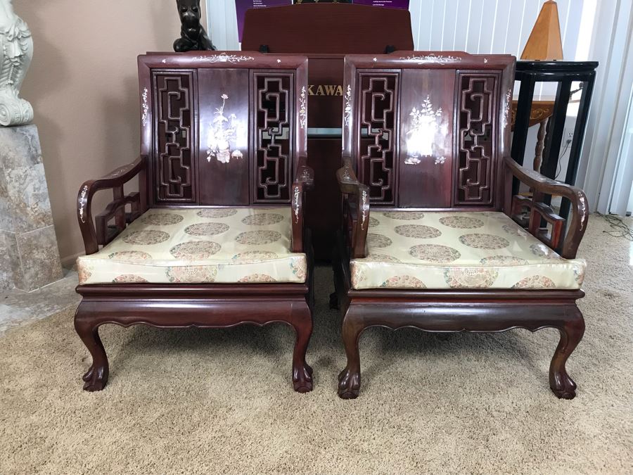 Pair Of Heavy Chinese Rosewood Armchairs With Mother Of Pearl Inlay Throughout [Photo 4]