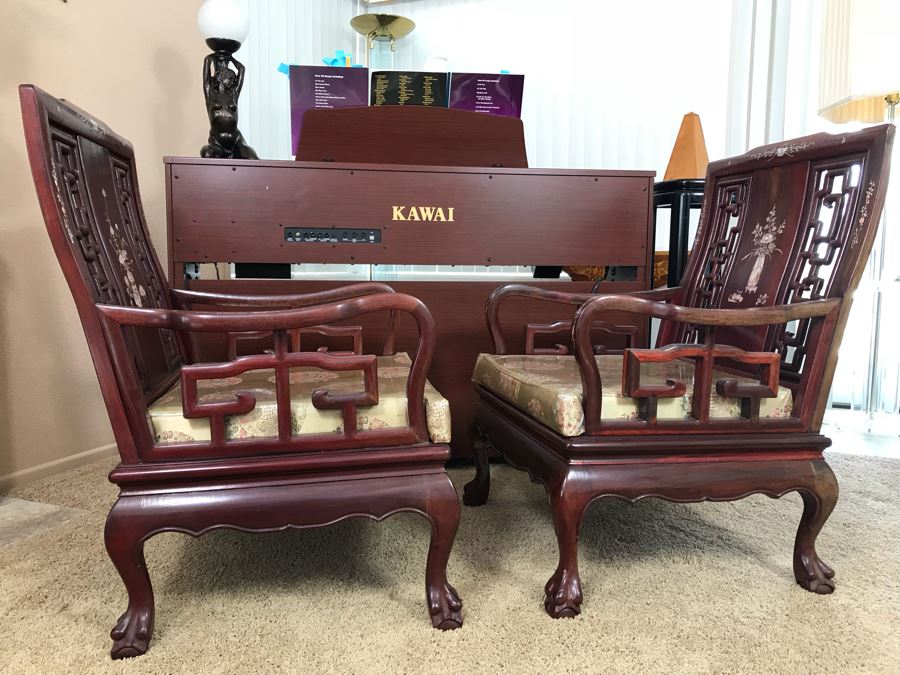 Pair Of Heavy Chinese Rosewood Armchairs With Mother Of Pearl Inlay Throughout [Photo 29]