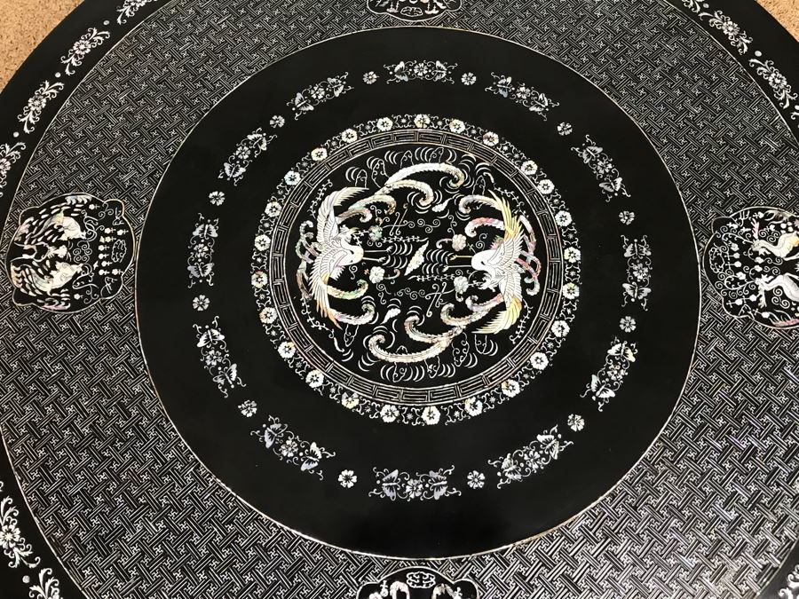Stunning Chinese Black Lacquer Round Coffee Table With Detailed Mother Of Pearl Inlay And Glass Protective Top [Photo 7]