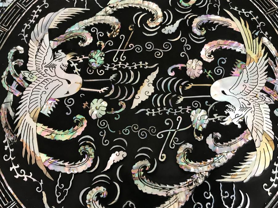 Stunning Chinese Black Lacquer Round Coffee Table With Detailed Mother Of Pearl Inlay And Glass Protective Top [Photo 9]