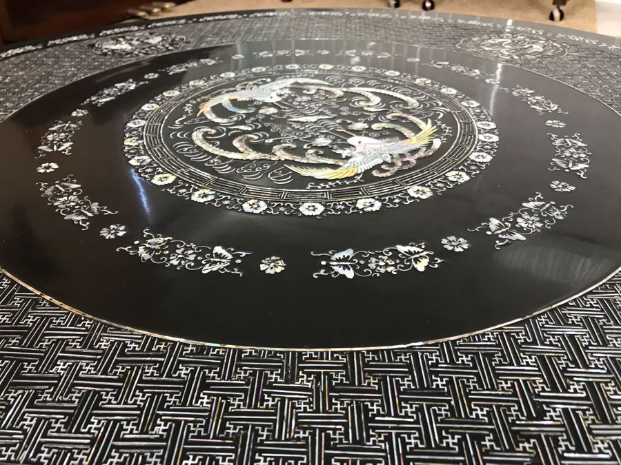 Stunning Chinese Black Lacquer Round Coffee Table With Detailed Mother Of Pearl Inlay And Glass Protective Top [Photo 19]