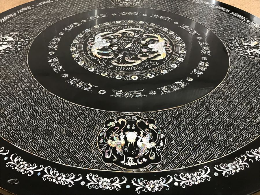 Stunning Chinese Black Lacquer Round Coffee Table With Detailed Mother Of Pearl Inlay And Glass Protective Top [Photo 11]