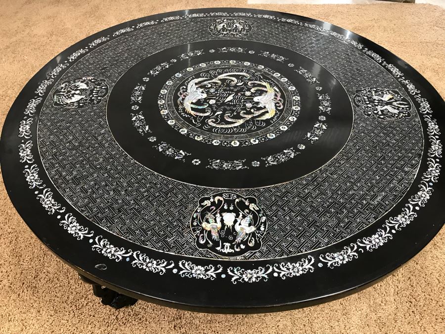 Stunning Chinese Black Lacquer Round Coffee Table With Detailed Mother Of Pearl Inlay And Glass Protective Top [Photo 5]