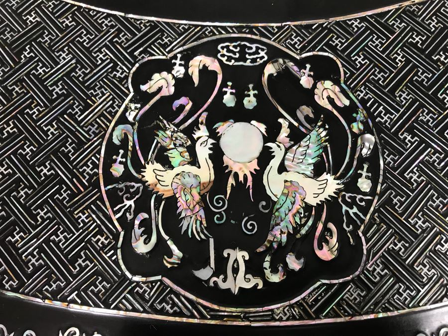 Stunning Chinese Black Lacquer Round Coffee Table With Detailed Mother Of Pearl Inlay And Glass Protective Top [Photo 6]