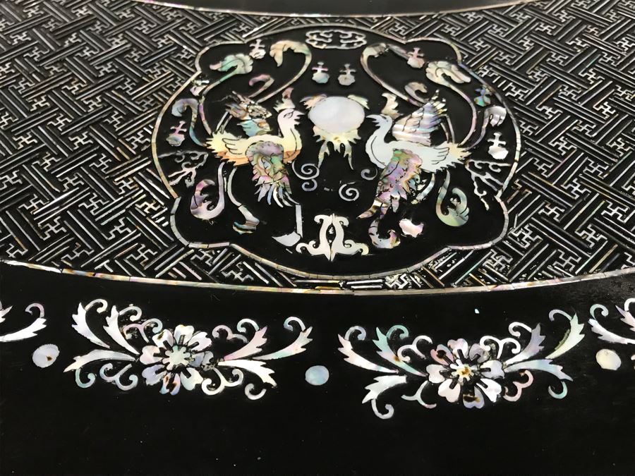 Stunning Chinese Black Lacquer Round Coffee Table With Detailed Mother Of Pearl Inlay And Glass Protective Top [Photo 12]
