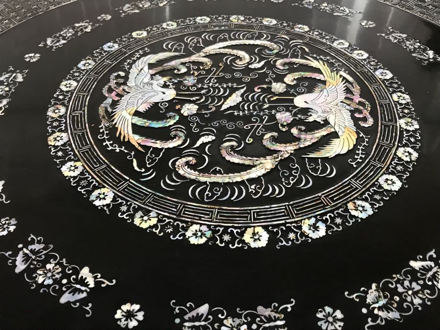 Stunning Chinese Black Lacquer Round Coffee Table With Detailed Mother Of Pearl Inlay And Glass Protective Top [Photo 10]