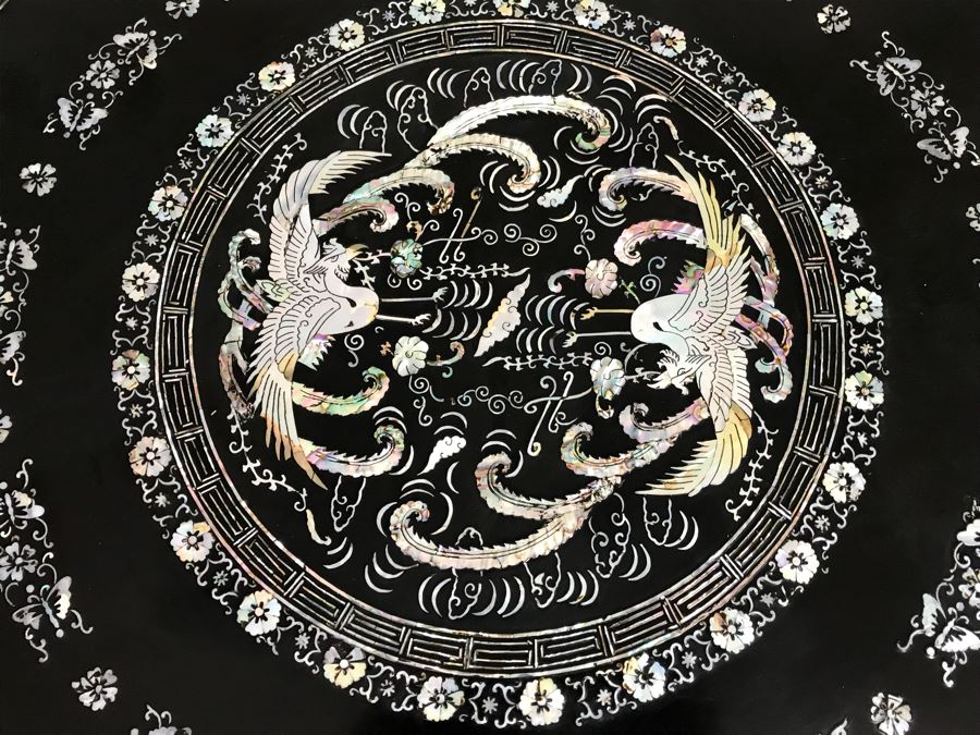 Stunning Chinese Black Lacquer Round Coffee Table With Detailed Mother Of Pearl Inlay And Glass Protective Top [Photo 8]