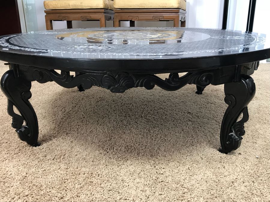 Stunning Chinese Black Lacquer Round Coffee Table With Detailed Mother Of Pearl Inlay And Glass Protective Top [Photo 13]