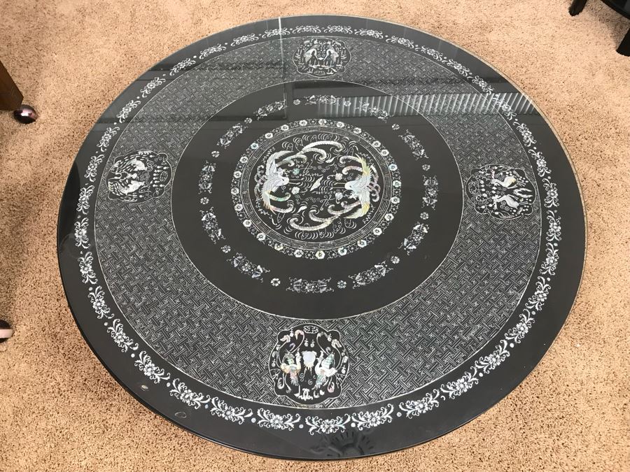 Stunning Chinese Black Lacquer Round Coffee Table With Detailed Mother Of Pearl Inlay And Glass Protective Top [Photo 22]