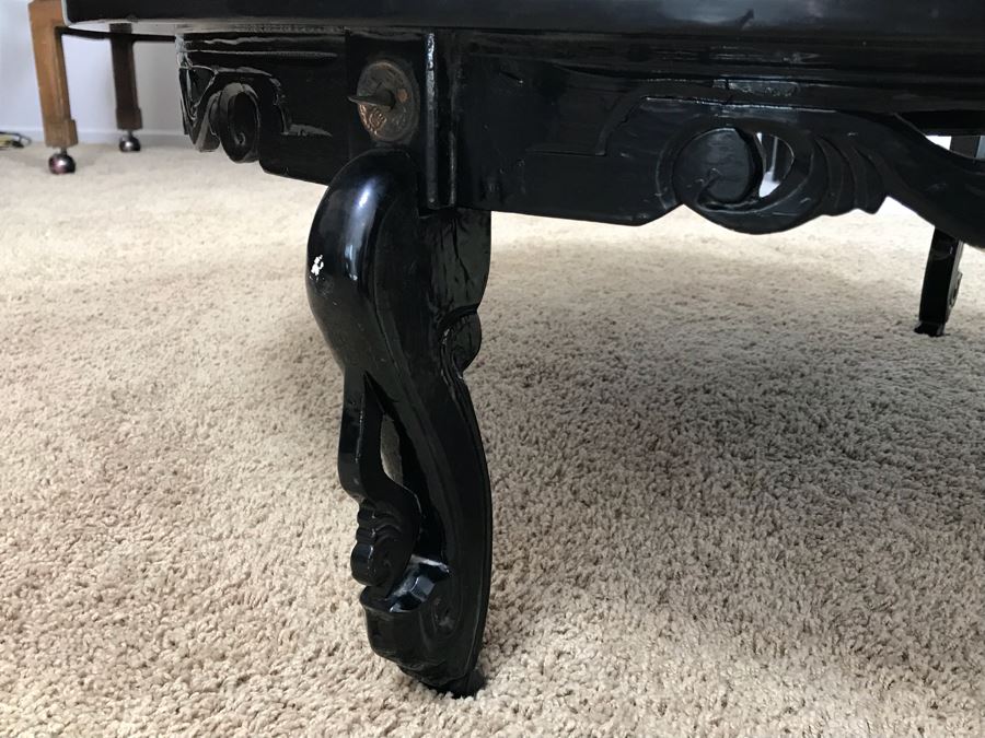 Stunning Chinese Black Lacquer Round Coffee Table With Detailed Mother Of Pearl Inlay And Glass Protective Top [Photo 14]