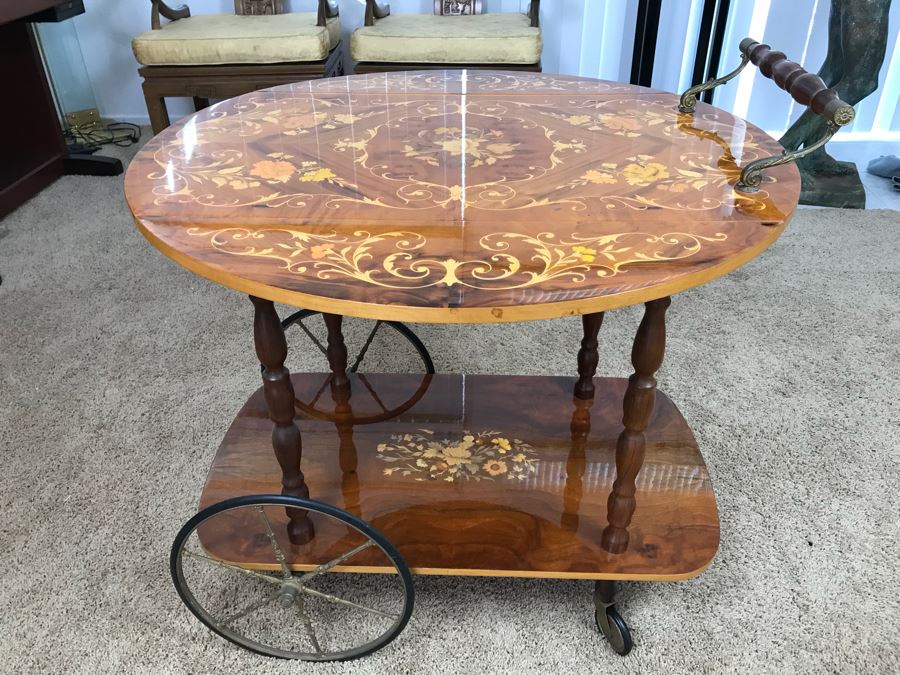 Stunning Vintage Italian Inlaid Marquetry Wood Serving Bar Tea Cart Drop Leaf [Photo 10]