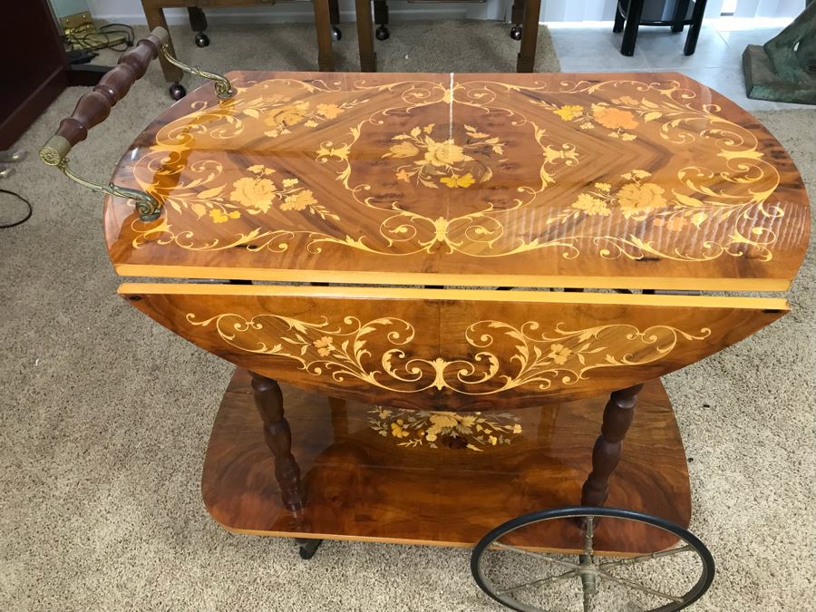 Stunning Vintage Italian Inlaid Marquetry Wood Serving Bar Tea Cart Drop Leaf [Photo 3]