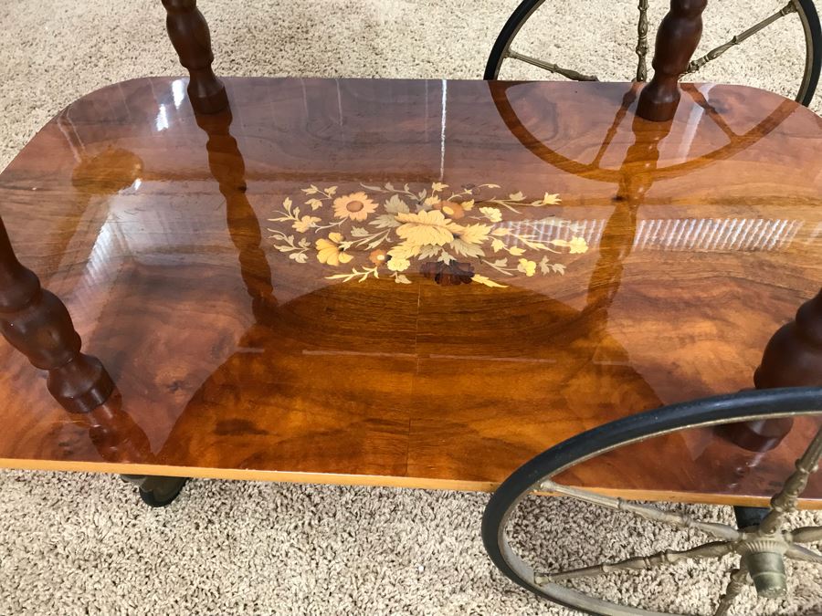 Stunning Vintage Italian Inlaid Marquetry Wood Serving Bar Tea Cart Drop Leaf [Photo 6]