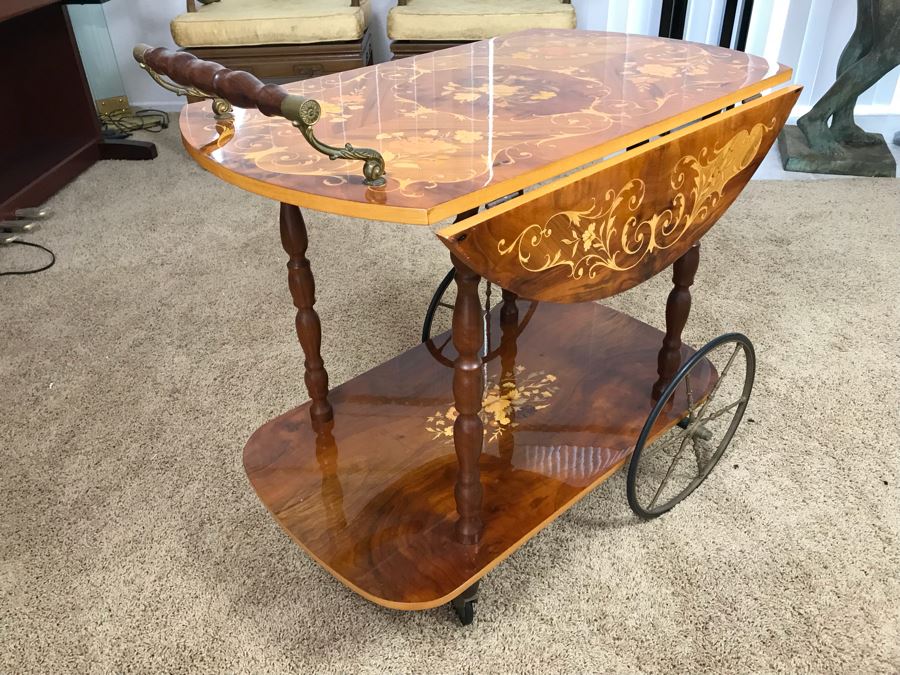 Stunning Vintage Italian Inlaid Marquetry Wood Serving Bar Tea Cart Drop Leaf [Photo 8]