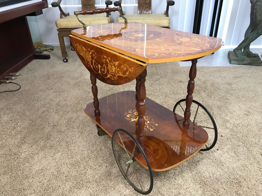 Stunning Vintage Italian Inlaid Marquetry Wood Serving Bar Tea Cart Drop Leaf [Photo 9]