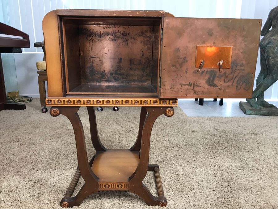 Vintage Wooden Smoking Cabinet Stand With Copper Lined Humidor