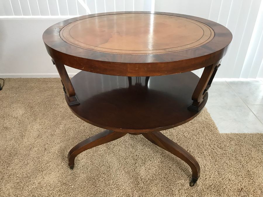 Vintage Leather Top Round Table Lyre Motif On Casters [Photo 10]